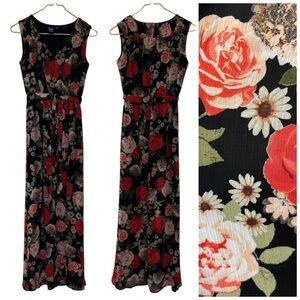 Disney Beauty & the Beast Floral Maxi Dress Smocked Sleeveless Black Rose Print